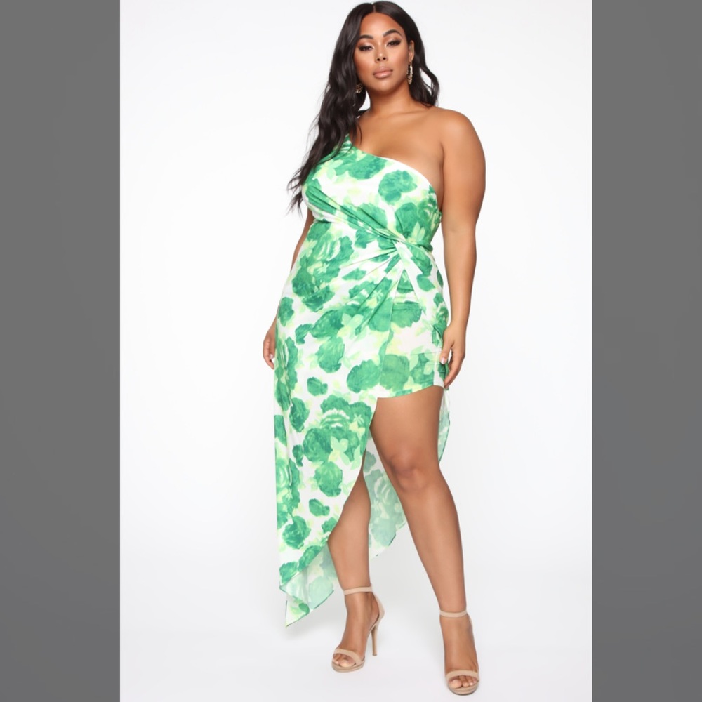 Fashion Nova Green Floral One-Shoulder Mini Dress